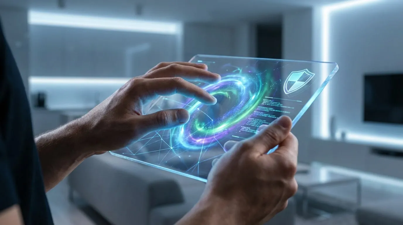 Mains interagissant avec une tablette holographique affichant données, réseau, un motif galactique et un bouclier de sécurité.