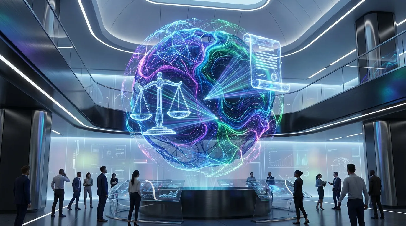 Groupe d'experts observant un hologramme géant des échelles de la justice et documents légaux, symbolisant l'IA et le droit.