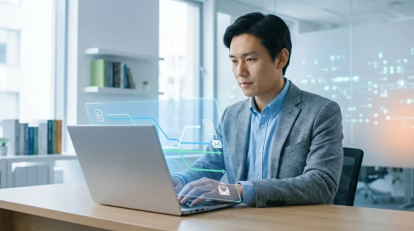 Man in grey blazer uses laptop with glowing digital interface showing career progression and administrative tools in a modern office.