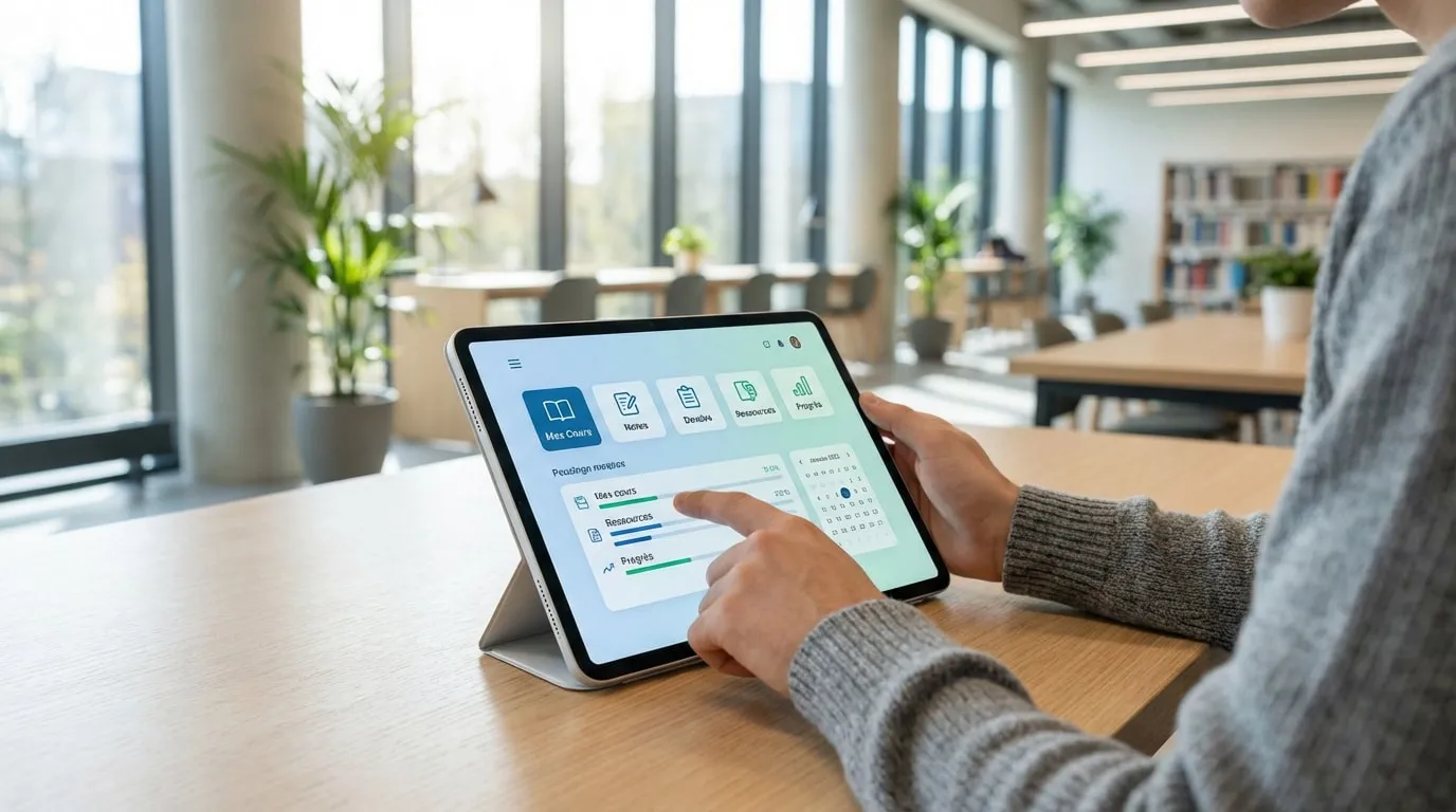 Personne utilisant une tablette avec l'ENT de Seine-et-Marne, affichant des cours et ressources, dans un espace d'étude lumineux.