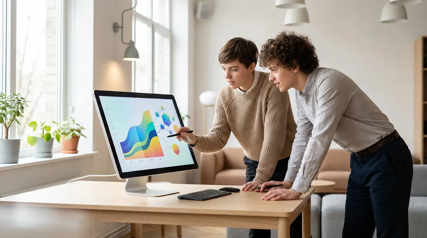 Deux jeunes hommes analysent des graphiques de données sur un écran d'ordinateur, l'un pointant du doigt. Scène de travail.