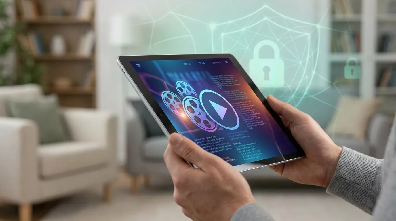 Mains tenant une tablette affichant une interface de lecture vidéo sécurisée avec icônes de cadenas et bouclier.