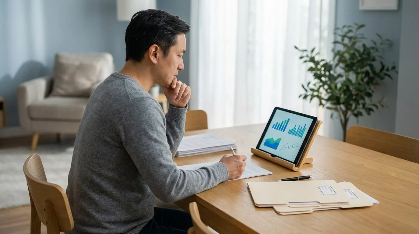 An individual thoughtfully analyzes financial data on a tablet at a modern wooden table in a home setting, with documents and a pen.