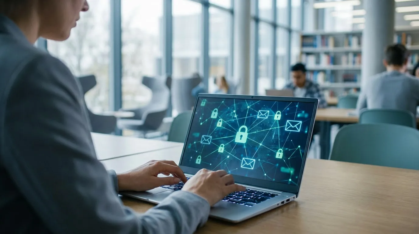 Personne tapant sur un ordinateur portable affichant des icônes de cadenas et d'enveloppe, symbolisant la sécurité de l'intranet, dans un espace de travail lumineux.