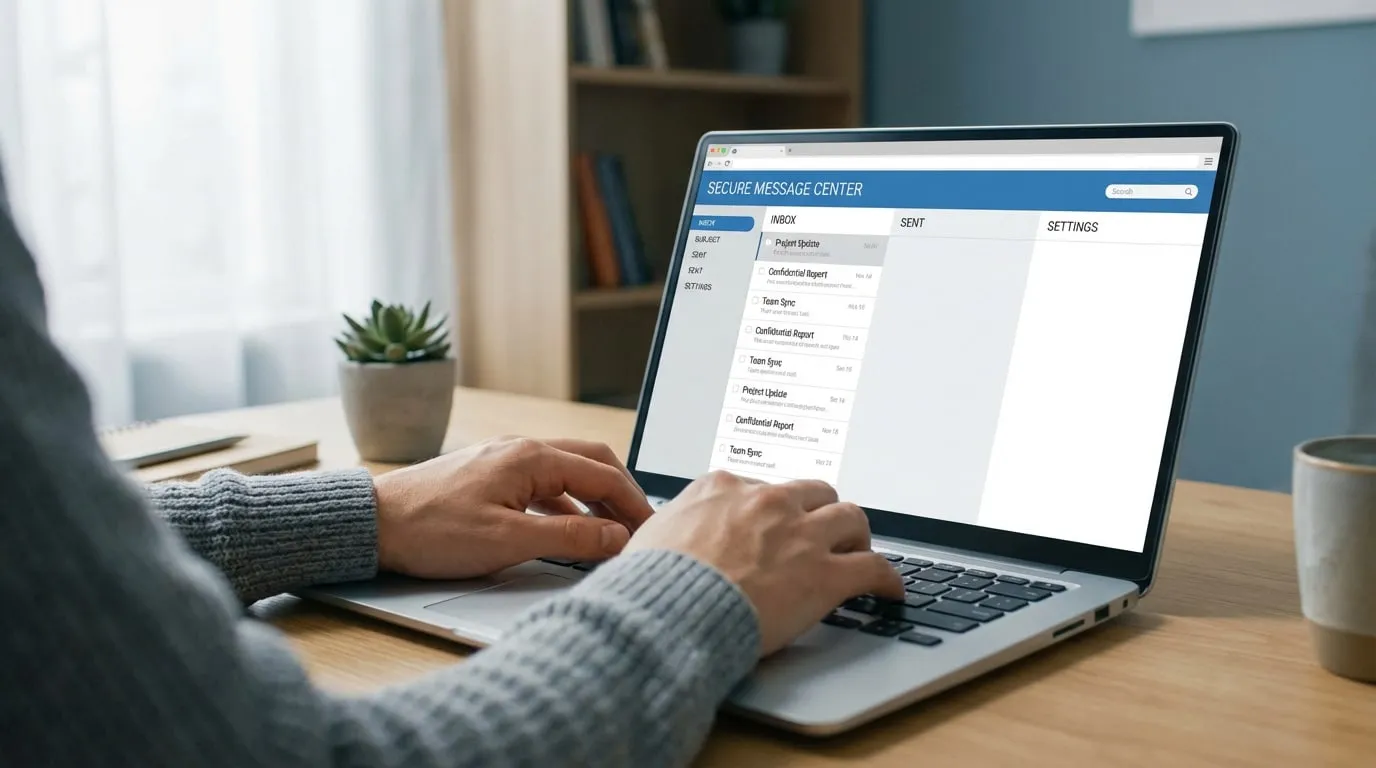 Mains tapant sur un ordinateur portable affichant une interface de messagerie web sécurisée. Un bureau avec plante et mug.