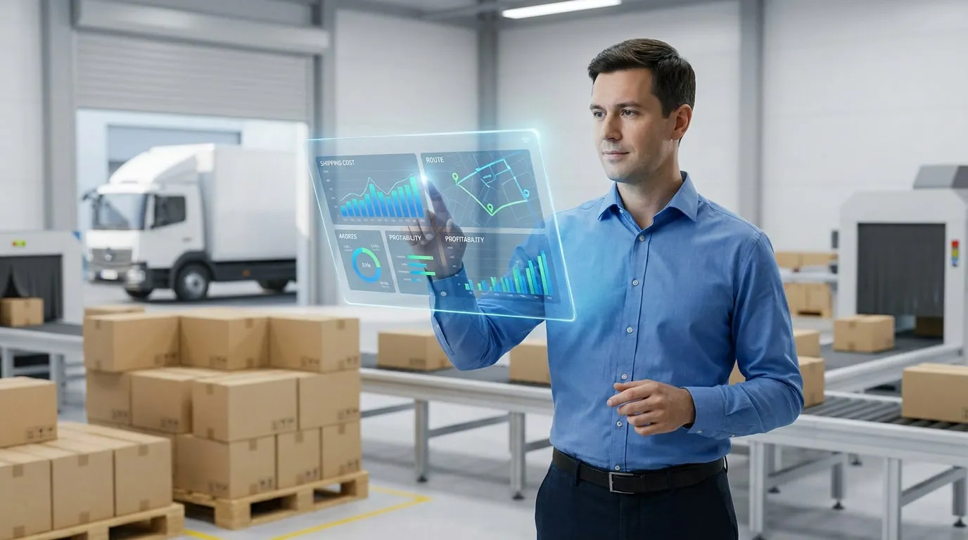 Un responsable d'entrepôt utilise une interface holographique pour analyser les coûts d'expédition et les itinéraires.