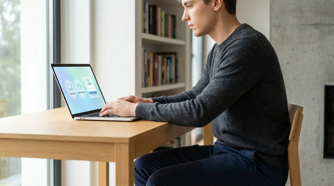 Jeune homme concentré tape sur un ordinateur portable affichant une page de connexion "Log In", avec des icônes "Courses" et "Community".