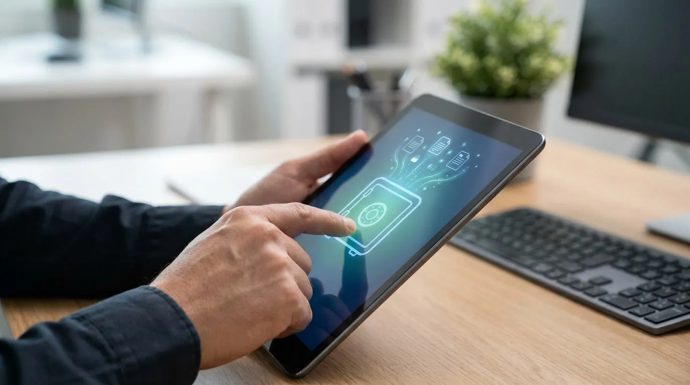 Mains utilisant une tablette affichant un coffre-fort numérique lumineux et des documents sécurisés. Environnement de bureau moderne.