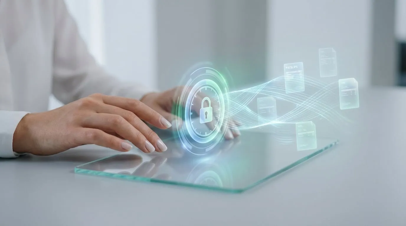 Mains accédant à un coffre-fort numérique via une tablette. Un cadenas et des fiches de paie flottantes symbolisent l'accès sécurisé.