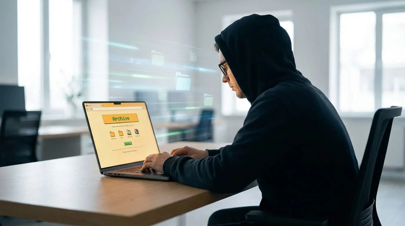 Homme en hoodie et lunettes tapant sur un laptop. L'écran affiche une interface "Archive" avec des dossiers numériques flottants, suggérant une récupération de données.