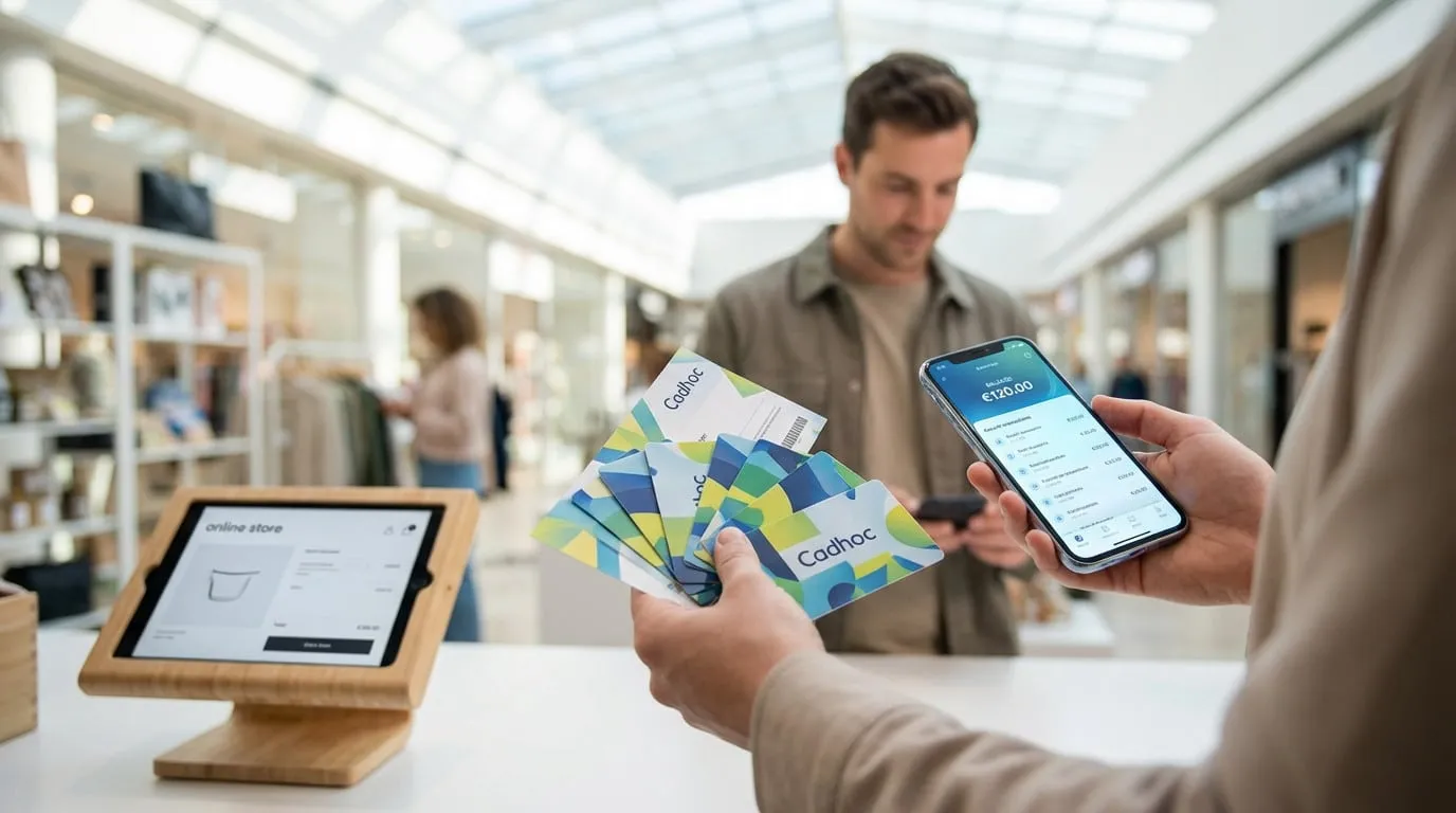 Hands hold Cadhoc gift cards and a smartphone showing a digital balance in a bright, modern shopping mall with an online store tablet.