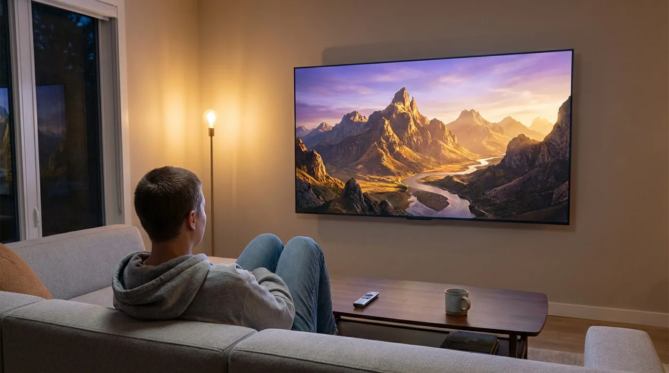 Jeune homme vu de dos assis sur un canapé, fixant une grande télévision murale affichant un paysage de montagnes et rivière.