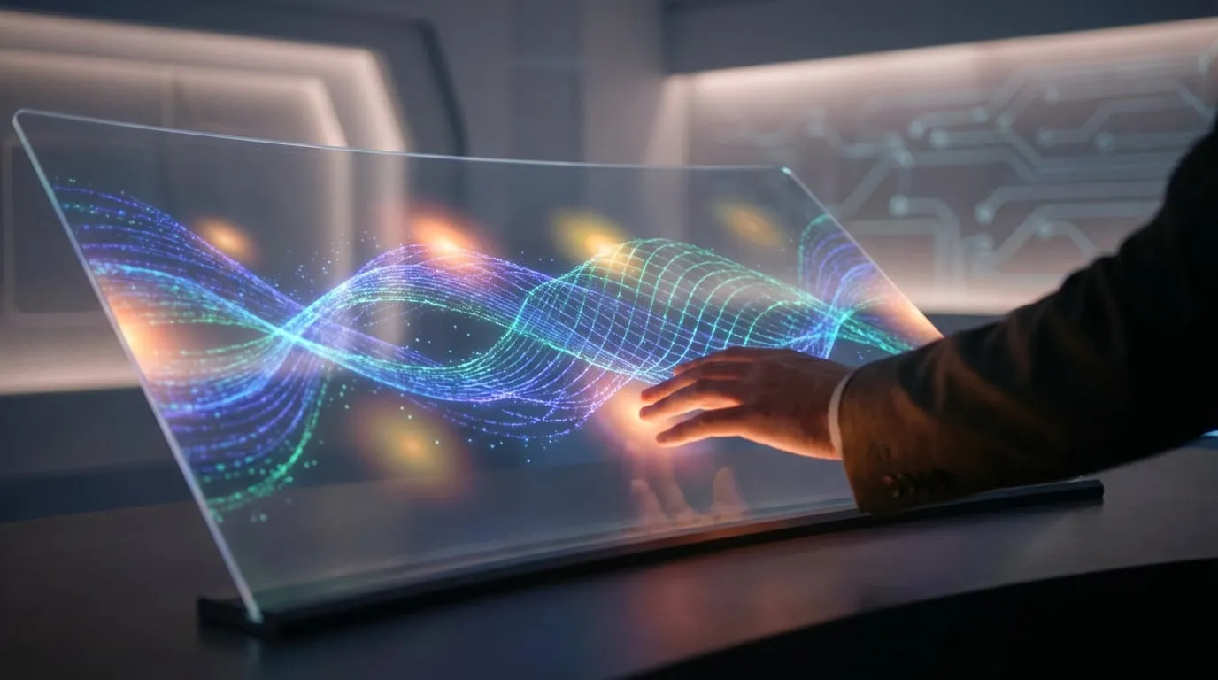 A hand interacts with a translucent digital screen displaying vibrant, flowing data streams. Futuristic environment, symbolizing seamless migration.