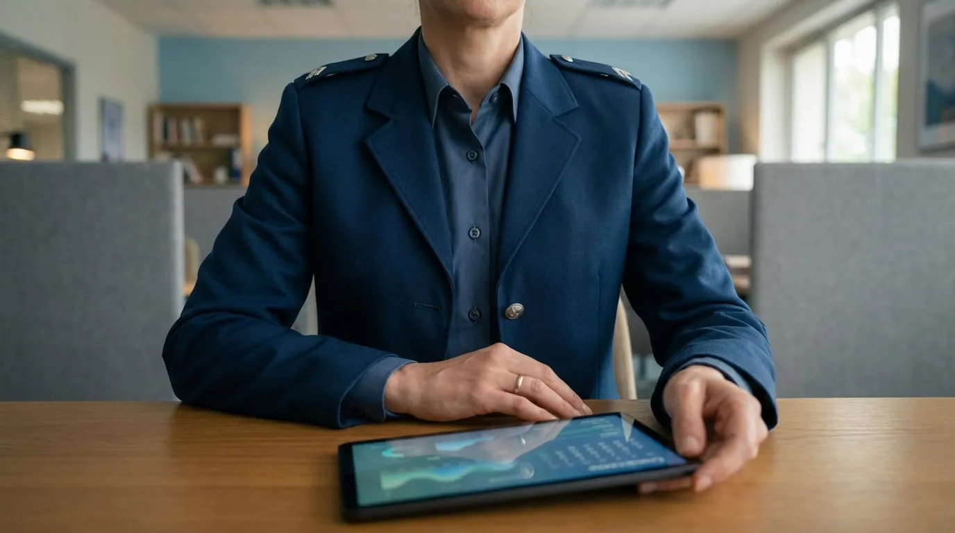 Gender-neutral individual in dark blue gendarmerie-style uniform jacket, holding a tablet with financial charts in a professional office.