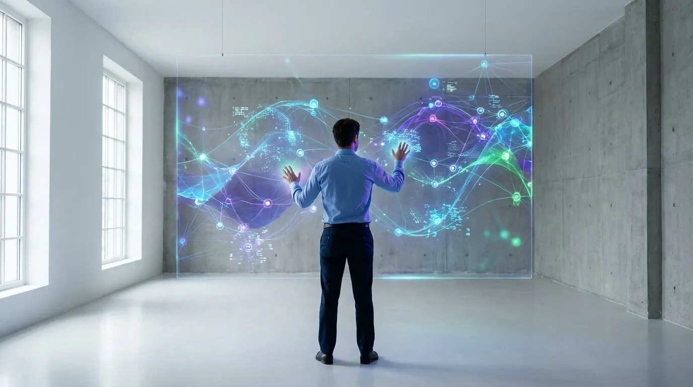 Un homme interagit avec un grand écran holographique affichant des données complexes et des réseaux lumineux dans une salle moderne.