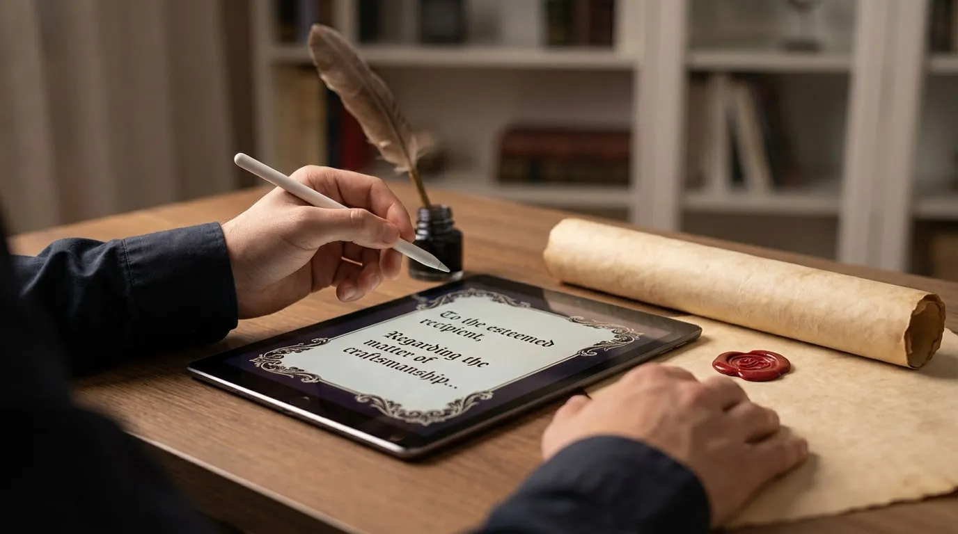 Main avec stylet sur tablette affichant une lettre formelle. À côté, une plume, un encrier et un parchemin scellé.