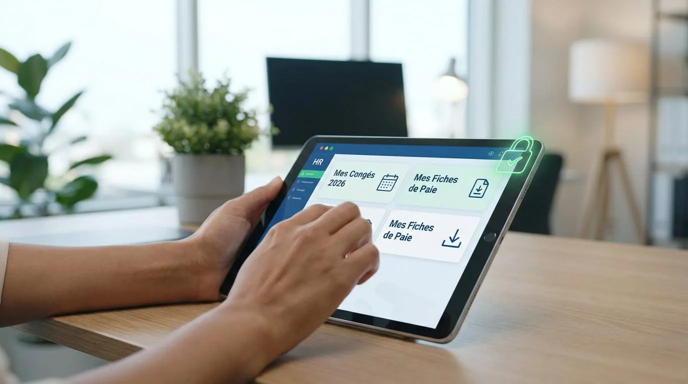 Mains consultant l'espace RH MaboxRH sur une tablette. L'écran affiche congés, fiches de paie et un cadenas lumineux symbolisant la sécurité.