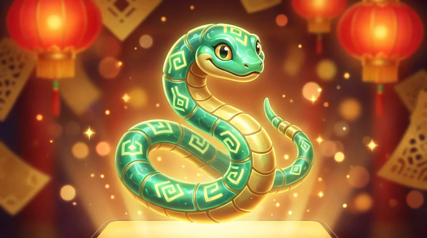 Illustration d'un serpent stylisé vert et or, souriant, sur fond flou de lanternes rouges et lumières dorées du Nouvel An Chinois.