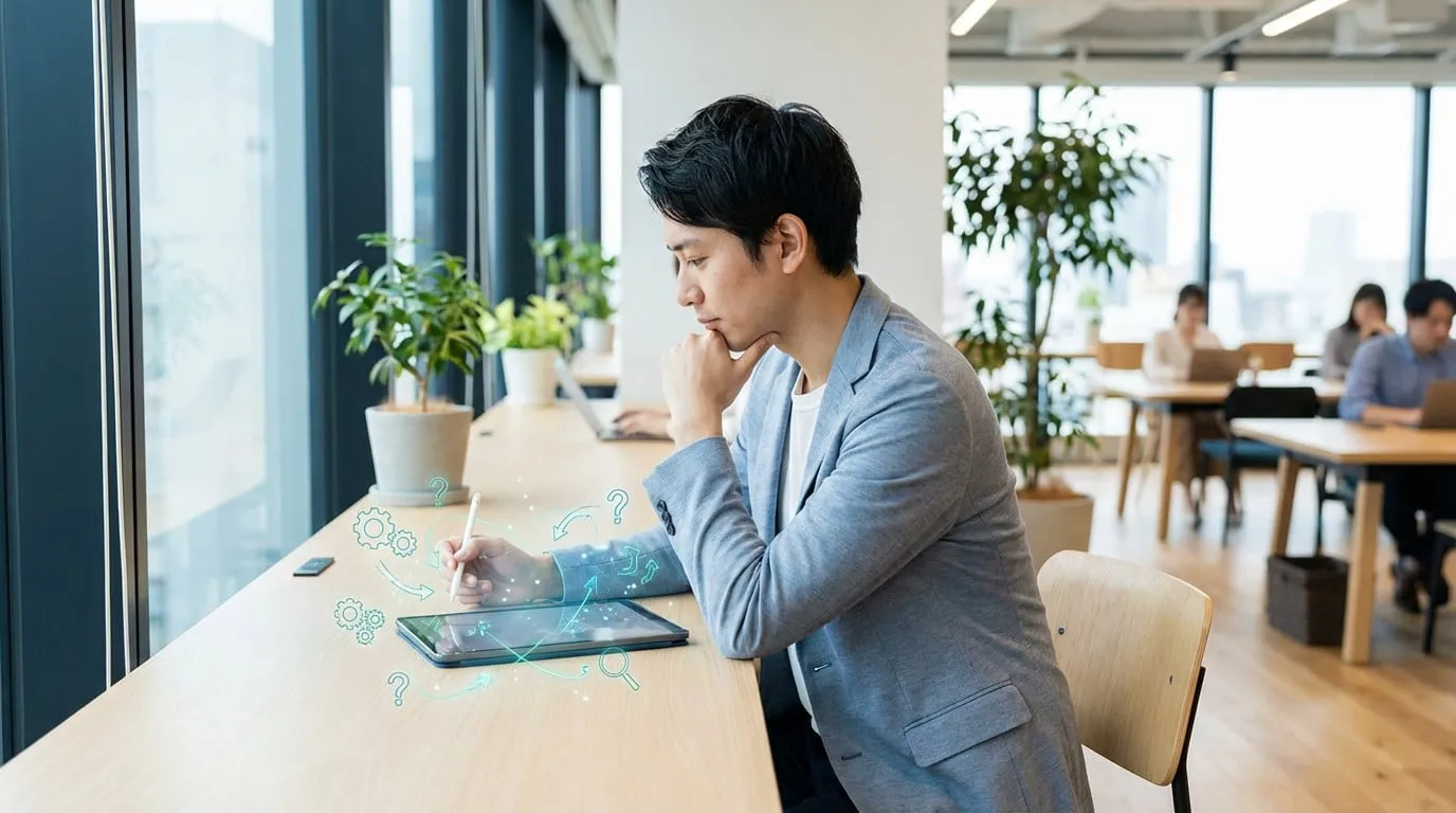 Thoughtful man in blazer at modern desk, chin on hand, uses tablet with digital planning and assessment icons in a bright office.