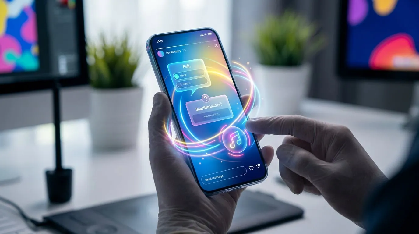 Une personne utilisant un smartphone affichant une interface de story Instagram futuriste avec des éléments interactifs.