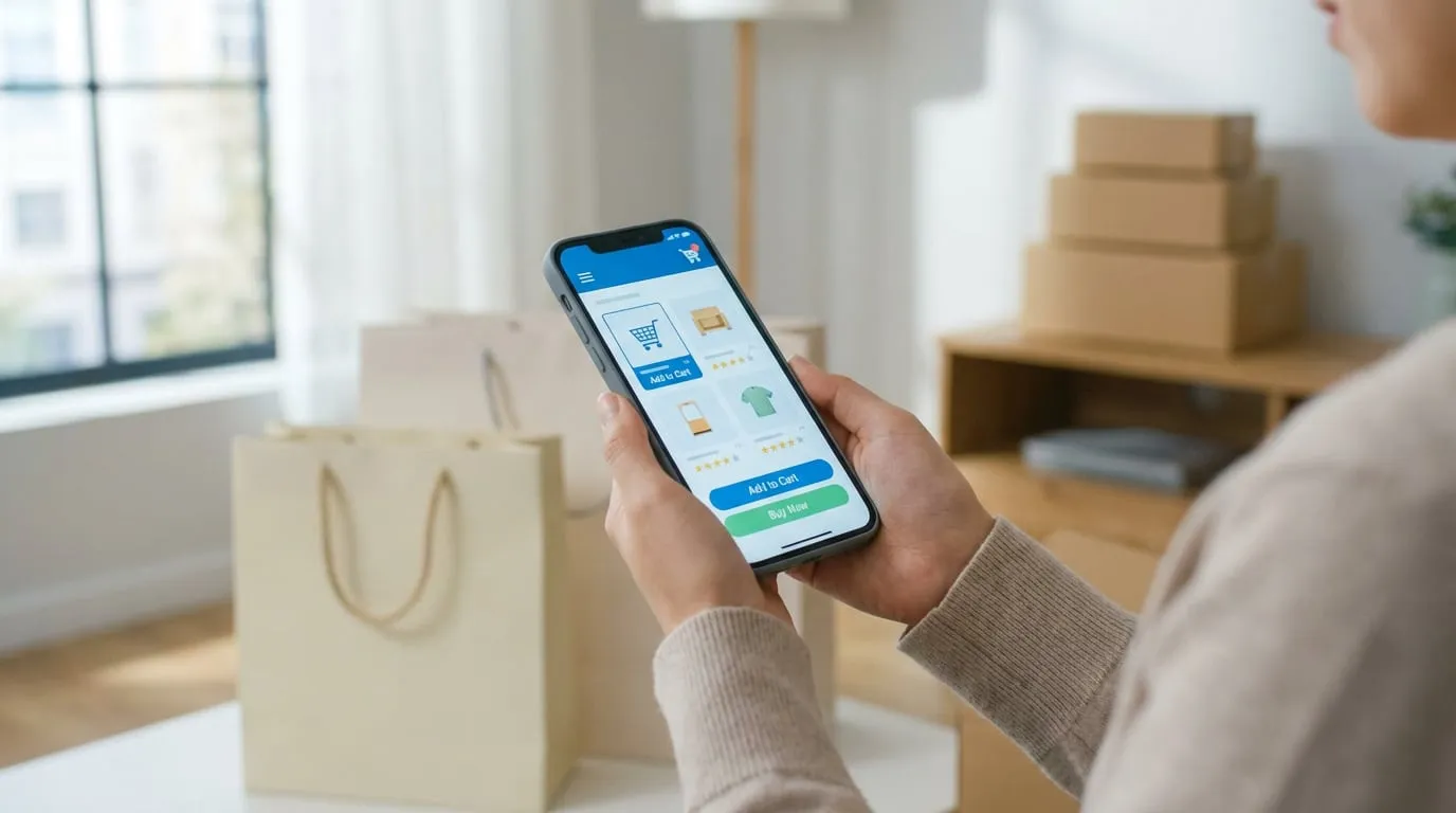 Mains tenant un smartphone affichant une application d'achat en ligne. Sacs et colis en arrière-plan suggérant la livraison et le shopping.