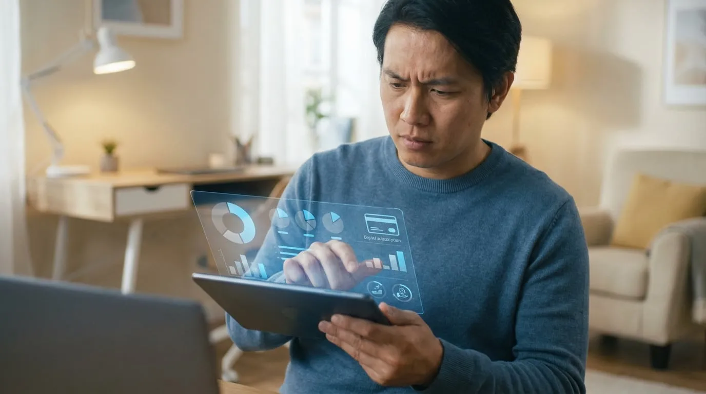 Mid-shot of a man with a concentrated expression, interacting with holographic financial data on a tablet in a warm, contemporary interior.