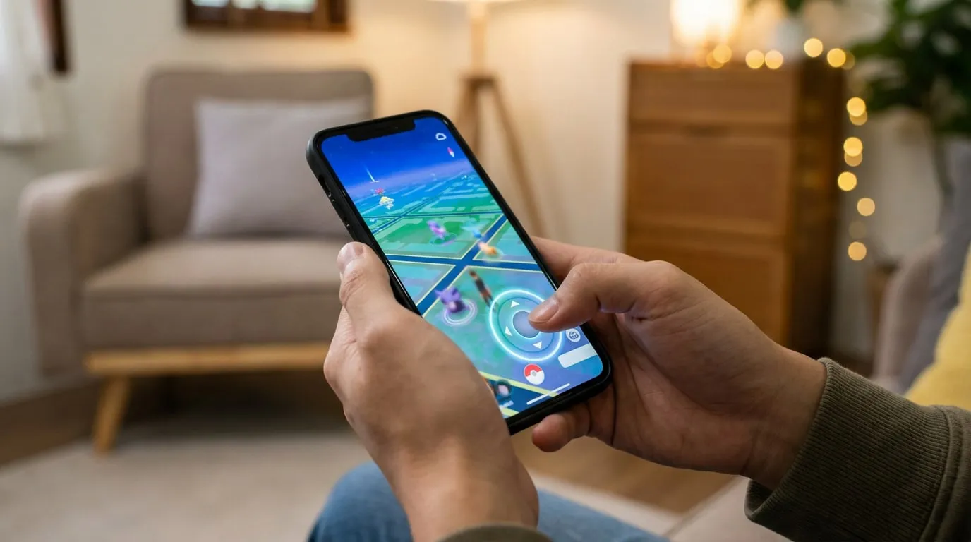 Des mains tiennent un smartphone affichant la carte du jeu Pokémon GO et un joystick virtuel. L'arrière-plan montre un intérieur confortable.