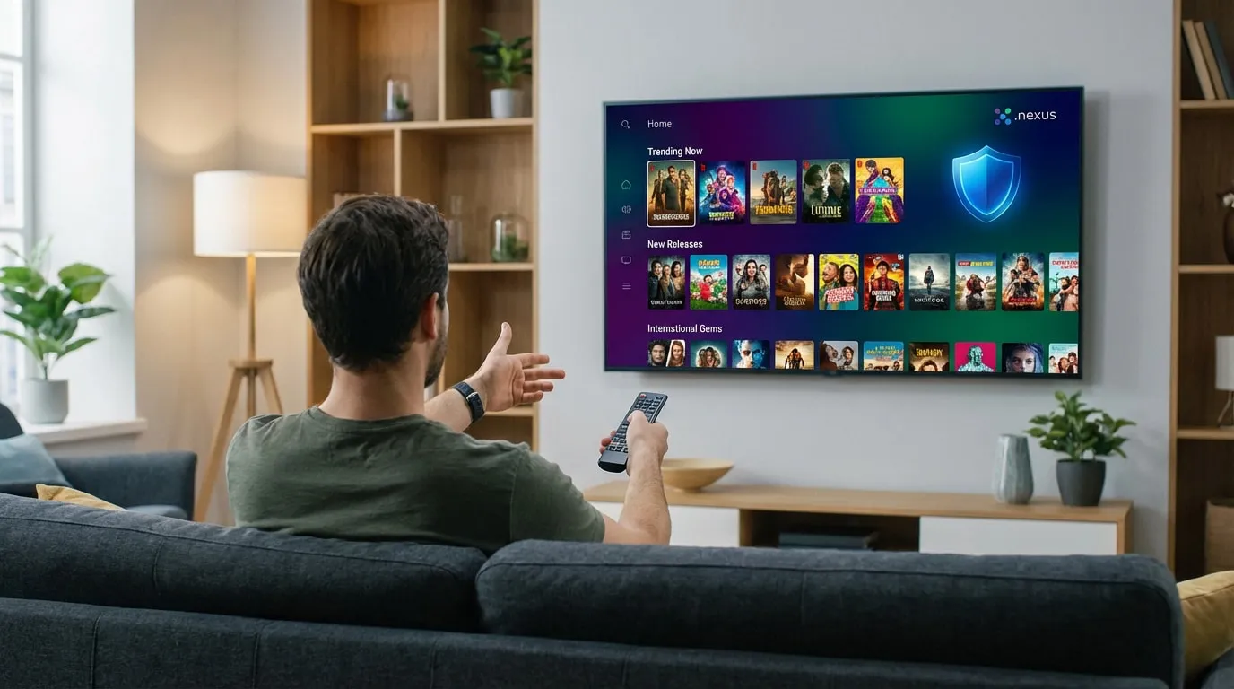 Vue de dos d'un homme sur un canapé naviguant avec une télécommande sur une Smart TV affichant l'interface d'un service de streaming (Nexus).