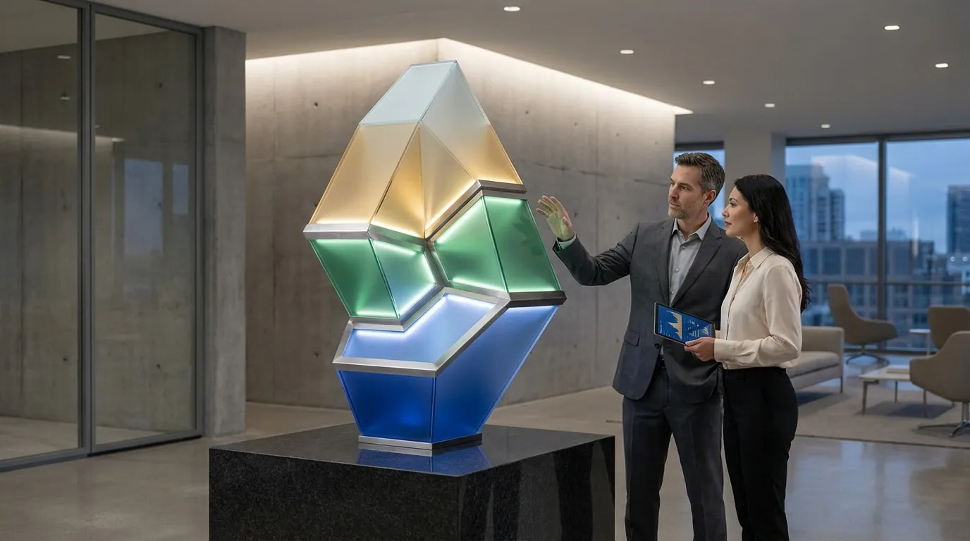 Un homme et une femme d'affaires discutant devant une sculpture lumineuse géométrique dans un bureau moderne.