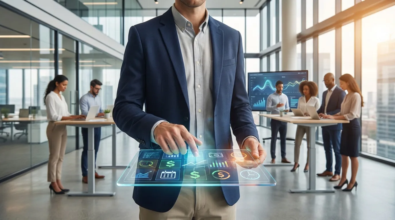 Homme interagissant avec un écran holographique RH dans un bureau moderne. Des collègues travaillent en arrière-plan.