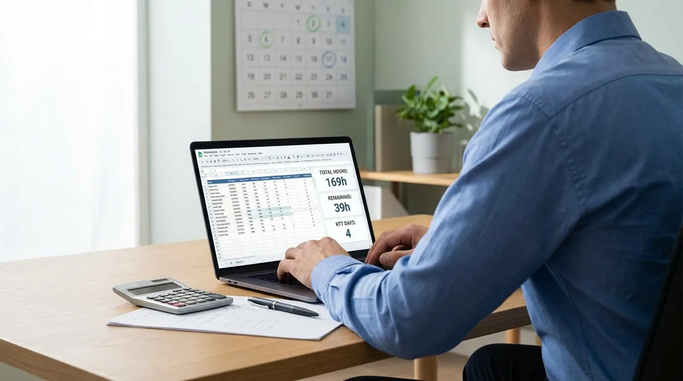 A professional in a blue shirt analyzes time and RTT data on a laptop, with a calculator and calendar nearby in a well-lit office.