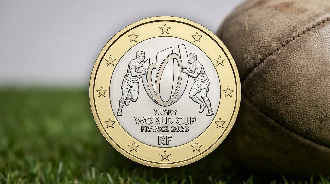 Close-up of a bimetallic 2 Euro coin for Rugby World Cup France 2023, showing players and ball design on grass with a blurred old rugby ball.