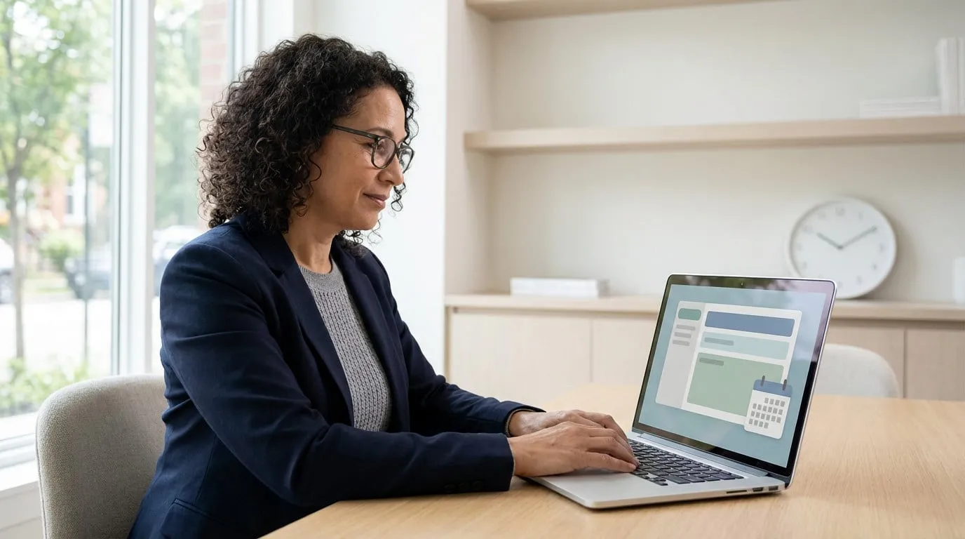 Woman in smart casual attire works on a laptop showing a minimalist interface with a calendar icon in a modern, well-lit office.