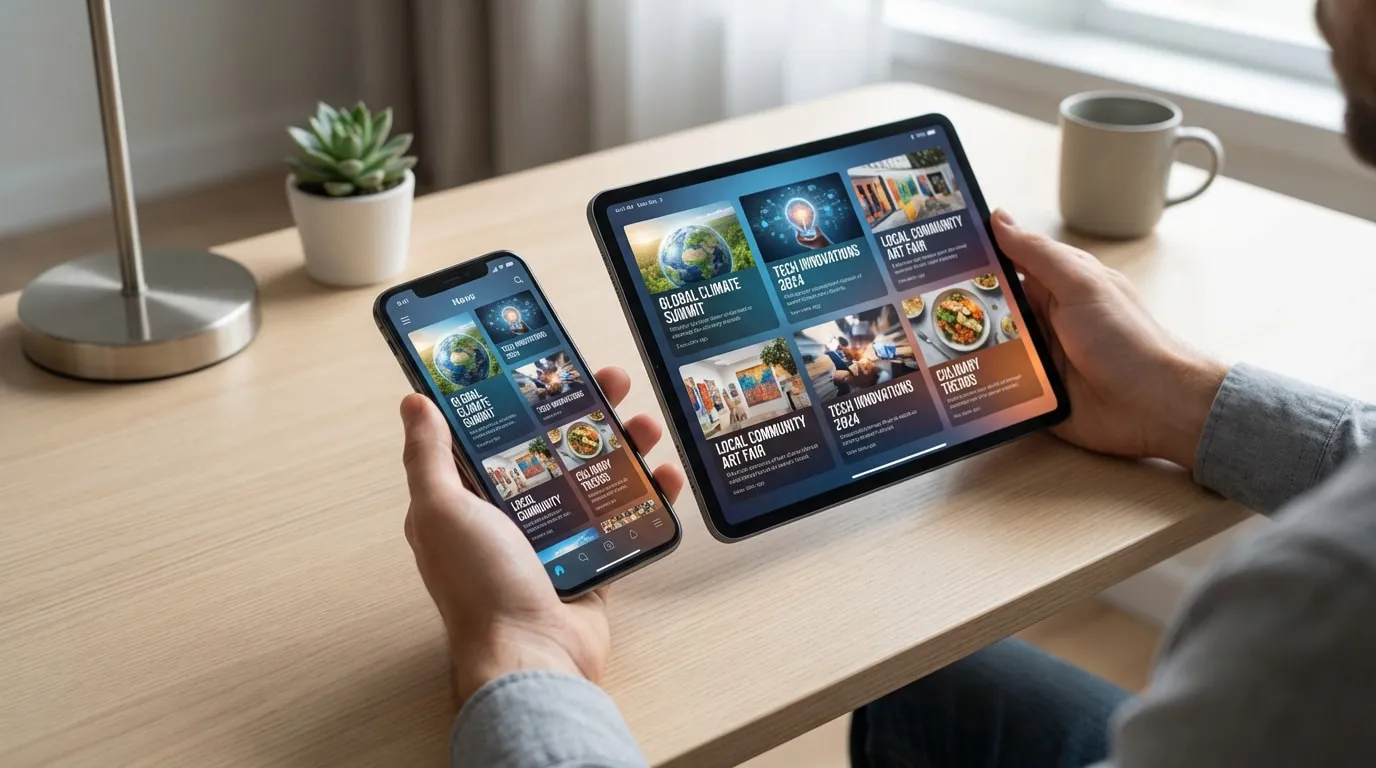 Un homme consulte une application d'actualités sur un smartphone et une tablette affichant des articles variés, posés sur un bureau.