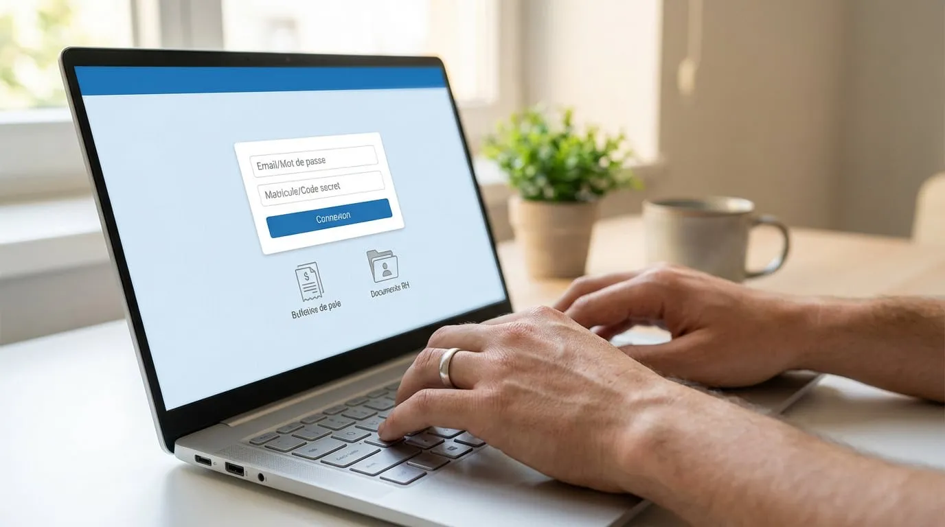 Mains tapant sur un clavier d'ordinateur portable affichant un formulaire de connexion pour bulletins de paie et documents RH.