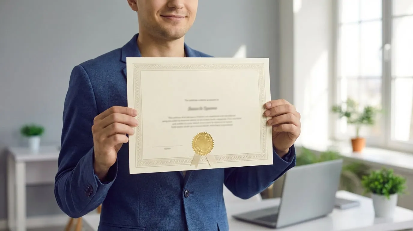 A man in a blue jacket smiles subtly, holding up a cream certificate with a gold seal in a bright, modern office.