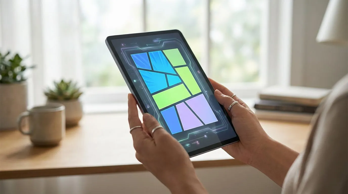 Une personne lit sur une tablette affichant un design coloré et abstrait, dans un intérieur lumineux. Vue rapprochée des mains et de l'écran.