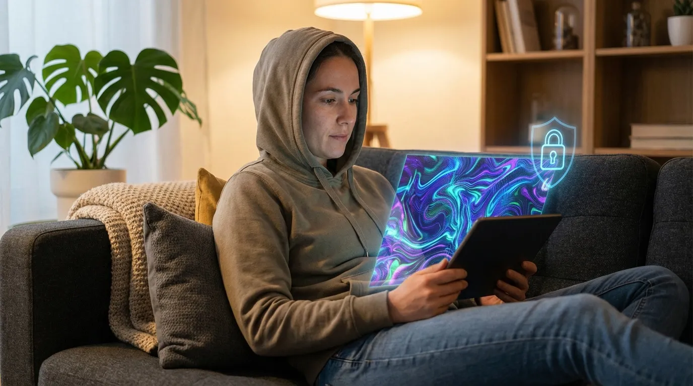 Femme sur canapé regardant une tablette avec projection holographique sécurisée (cadenas lumineux). Plante et étagère en arrière-plan.