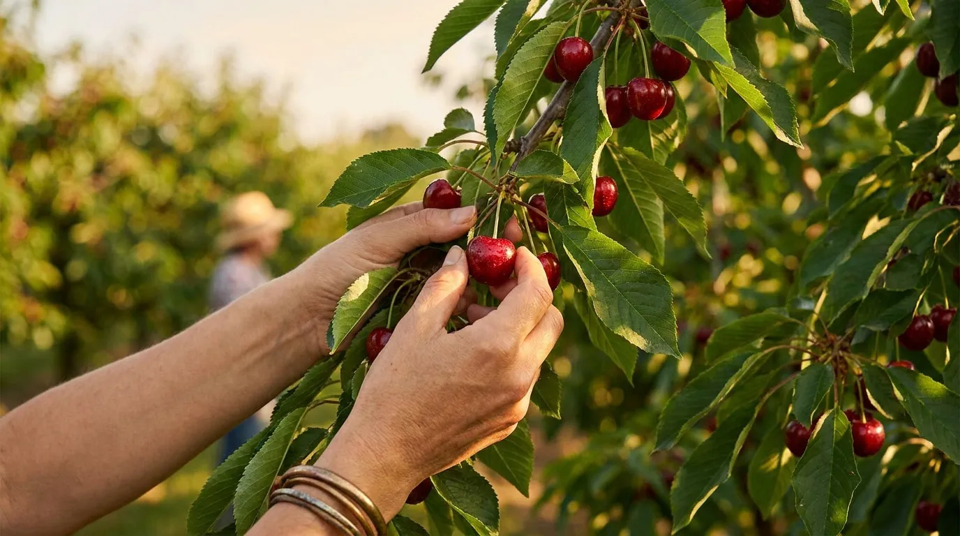 Mains choisissant délicatement une cerise mûre dans un verger ensoleillé, illustrant le concept de cherry picking.