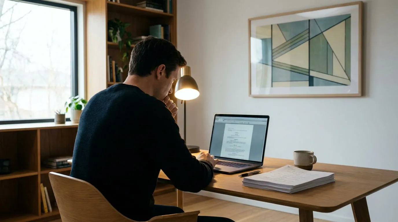 Un scénariste travaille sur son ordinateur portable dans un bureau moderne et lumineux.