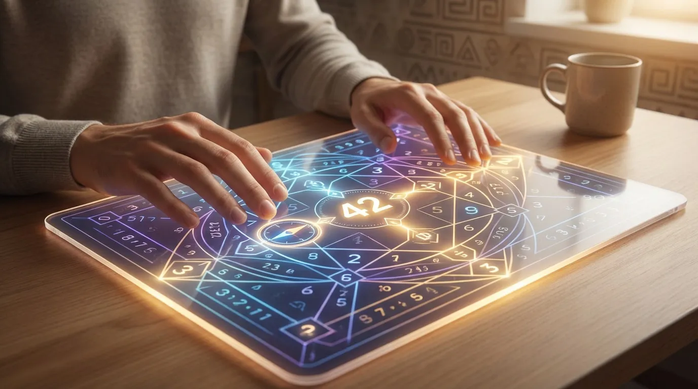 Mains sur une tablette transparente lumineuse affichant des symboles ésotériques et des chiffres pour un calcul numérologique. Tasse en arrière-plan.