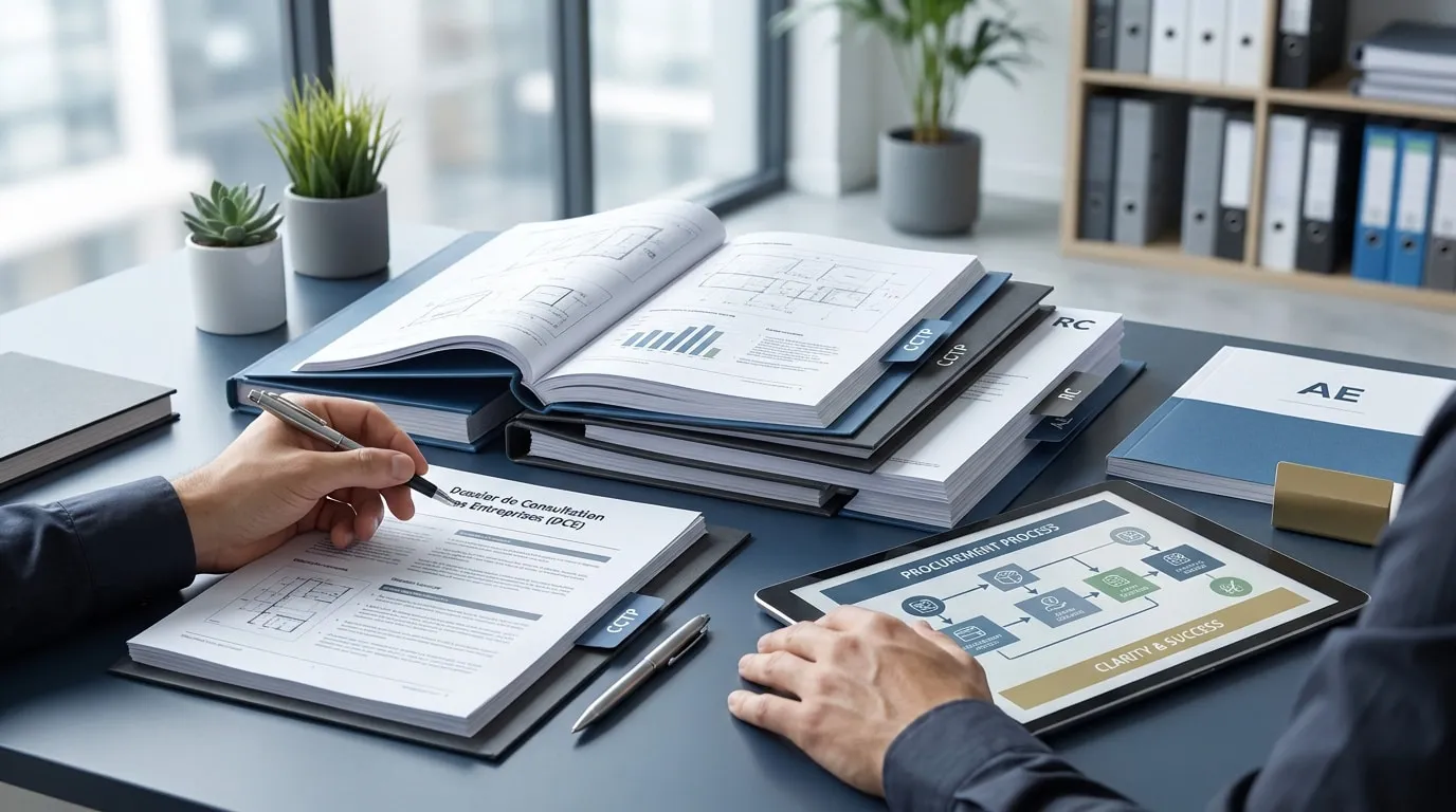 Une personne travaillant sur un dossier de consultation des entreprises (DCE) avec des plans et une tablette numérique.