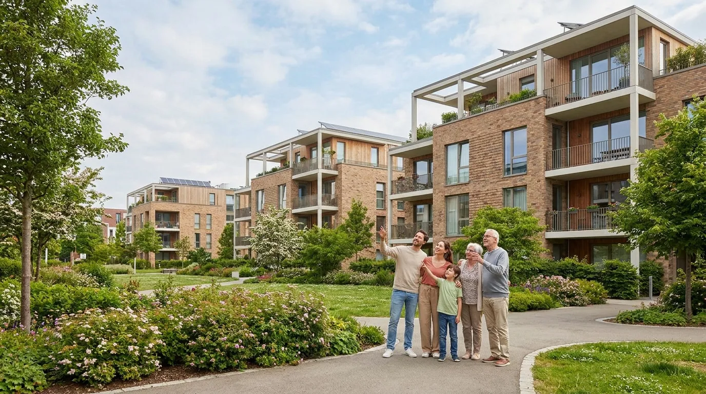 Une famille intergénérationnelle regarde vers des immeubles résidentiels modernes entourés d'espaces verts.