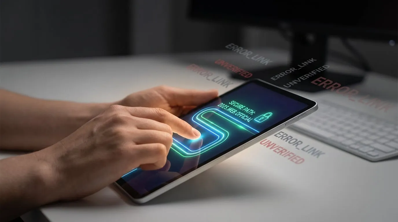 Personne tapant sur une tablette. L'écran affiche "SECURE PATH: 2025.WEB.OFFICIAL" et un cadenas. Des "ERROR_LINK" flottent en arrière-plan.