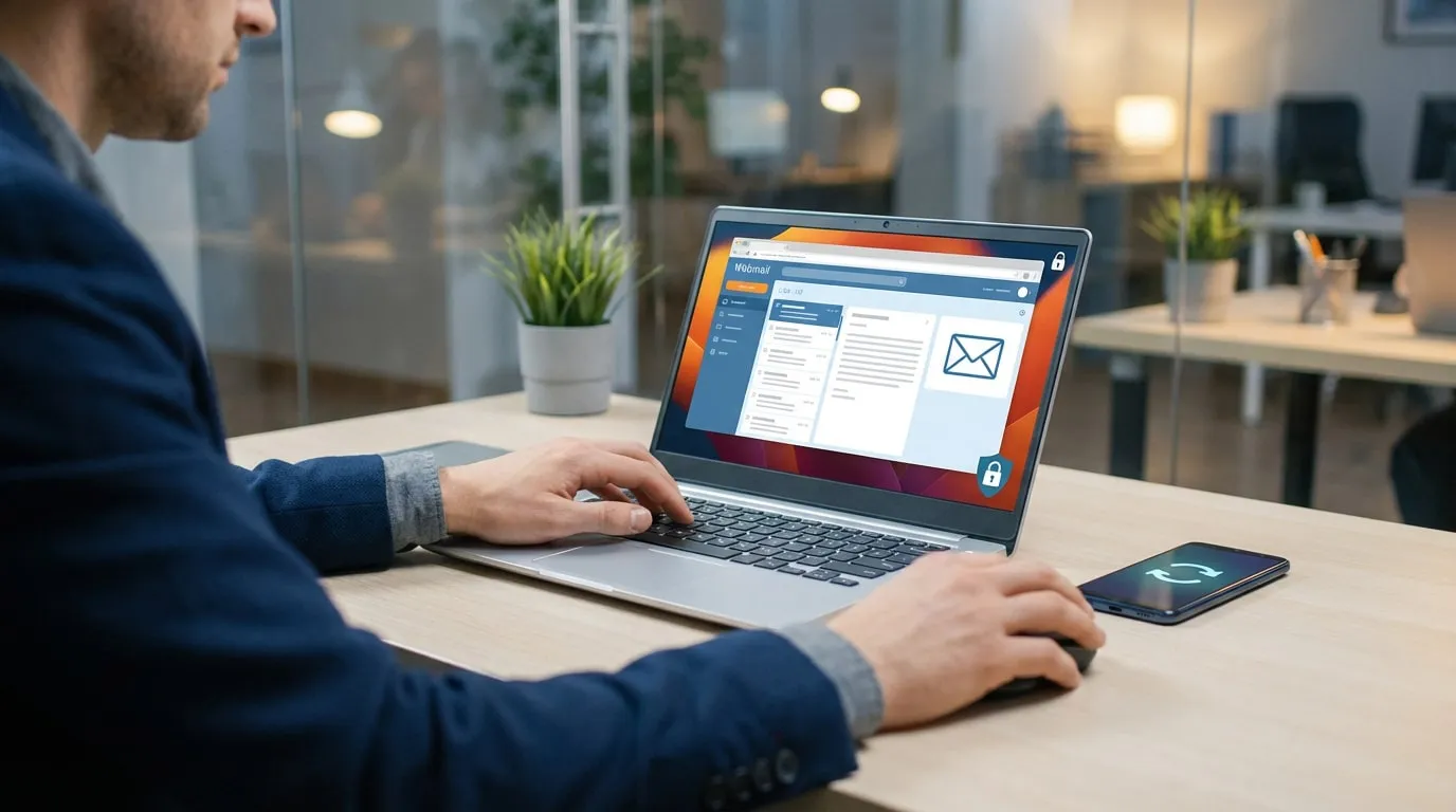 Un professionnel gère sa messagerie web sécurisée sur un ordinateur portable, avec un smartphone affichant la synchronisation en arrière-plan.