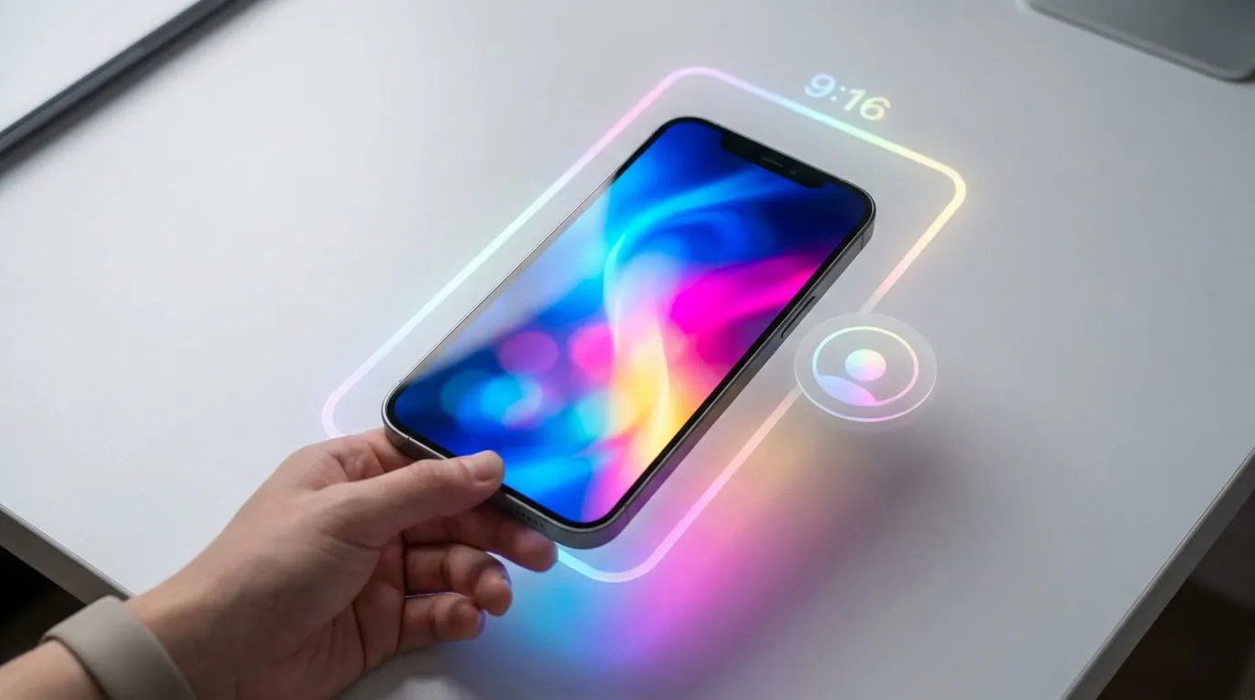 Une main tenant un smartphone au-dessus d'une projection lumineuse colorée sur un bureau blanc.