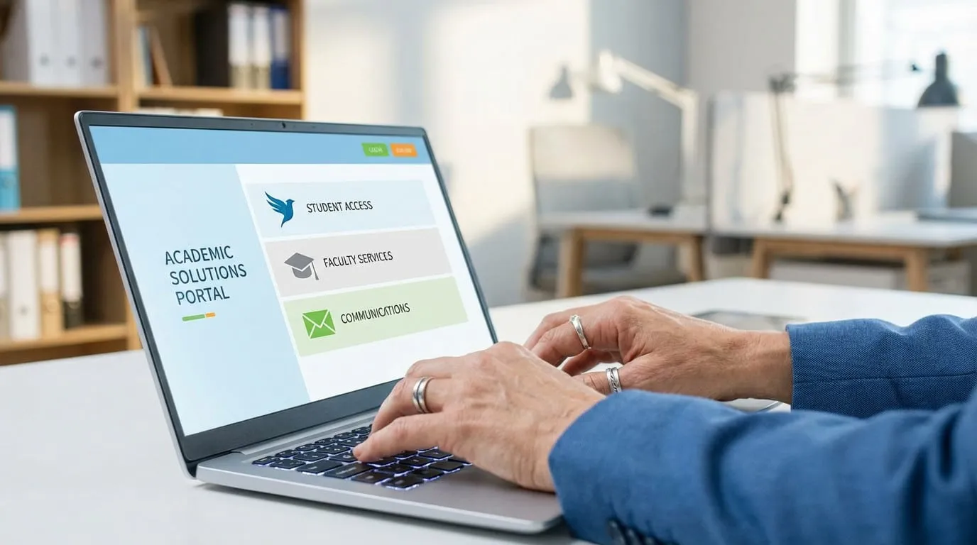 Close-up of hands typing on a laptop displaying an 'Academic Solutions Portal' login with icons for student, faculty, and communications in a modern office.