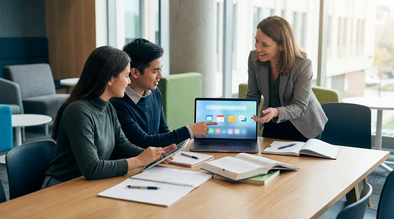 Three individuals, two students and a teacher, collaborate on a digital academic platform displayed on a laptop in a modern study lounge.