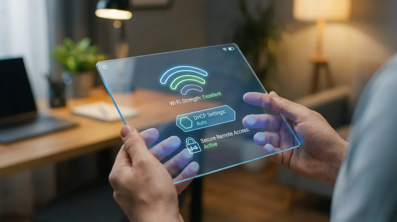 Une personne tient une tablette transparente affichant l'état Wi-Fi "Excellent", les paramètres DHCP et l'accès sécurisé. Interface Freebox futuriste.