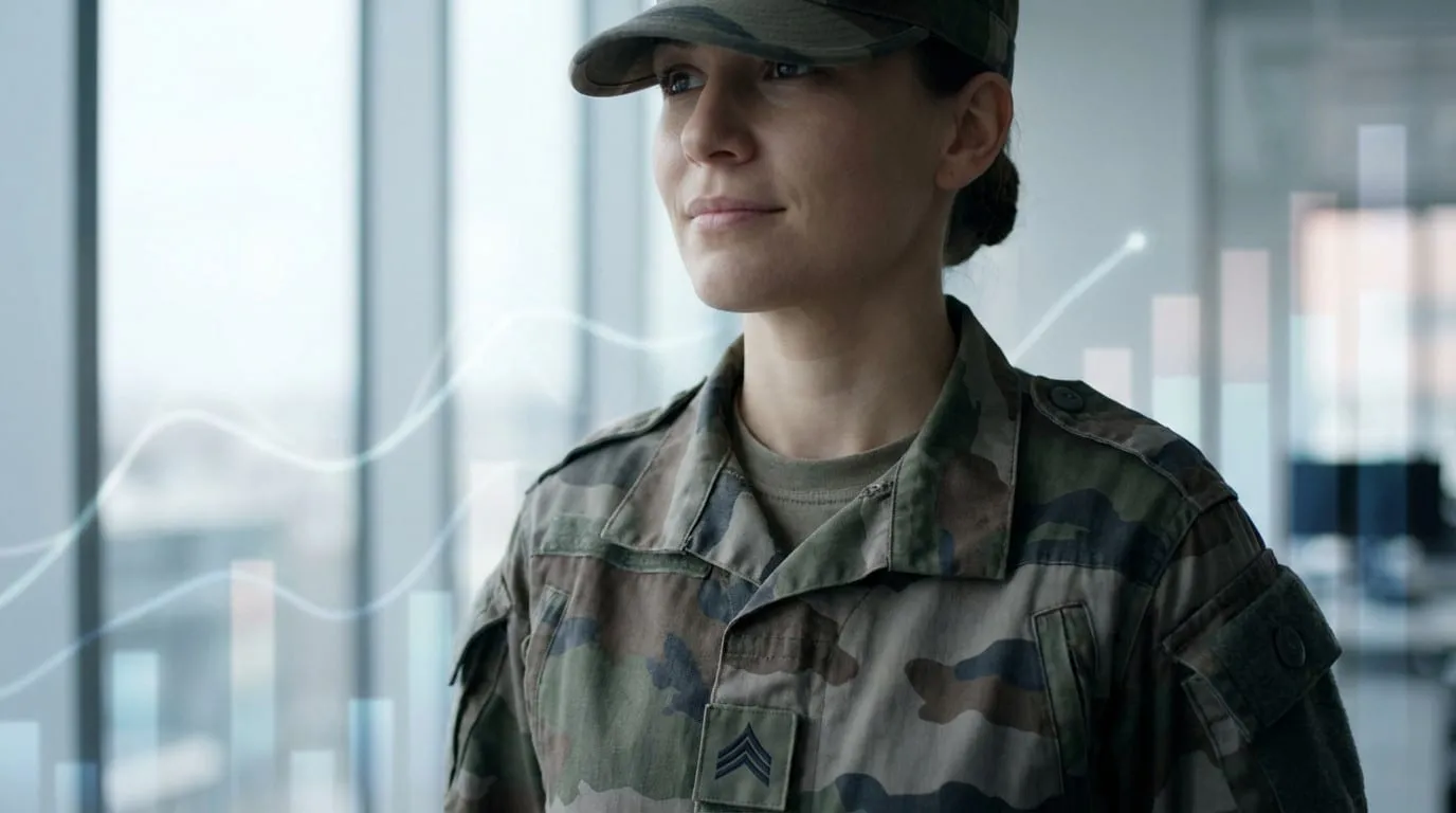 Confident female reservist in camouflage uniform with rank insignia, looking off-camera. Blurred financial charts overlay background.